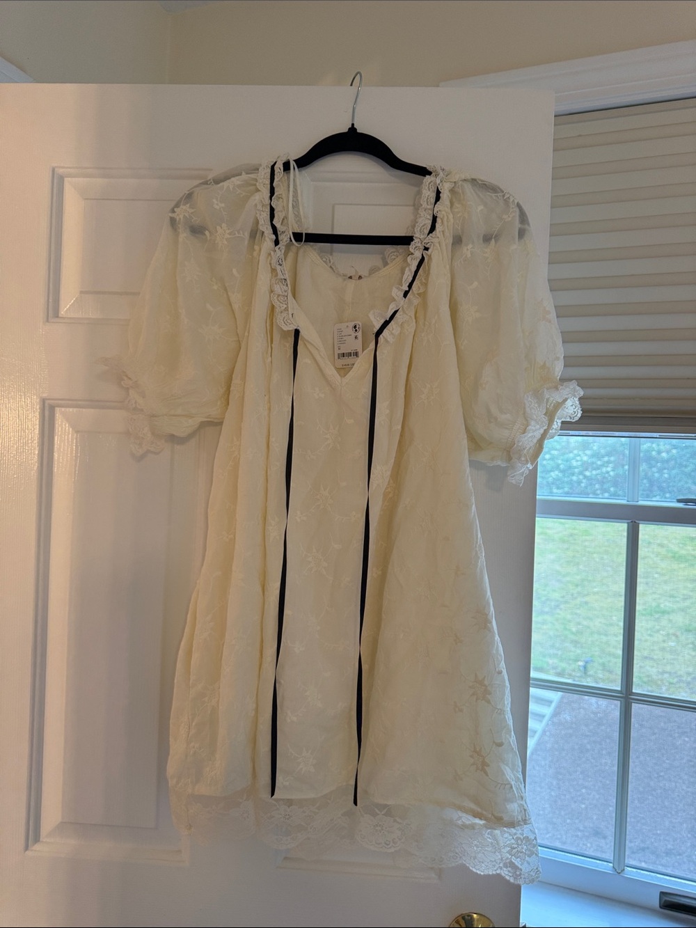 Free People Ivory Lace Puff Sleeve Mini Dress with Black Ribbon Trim